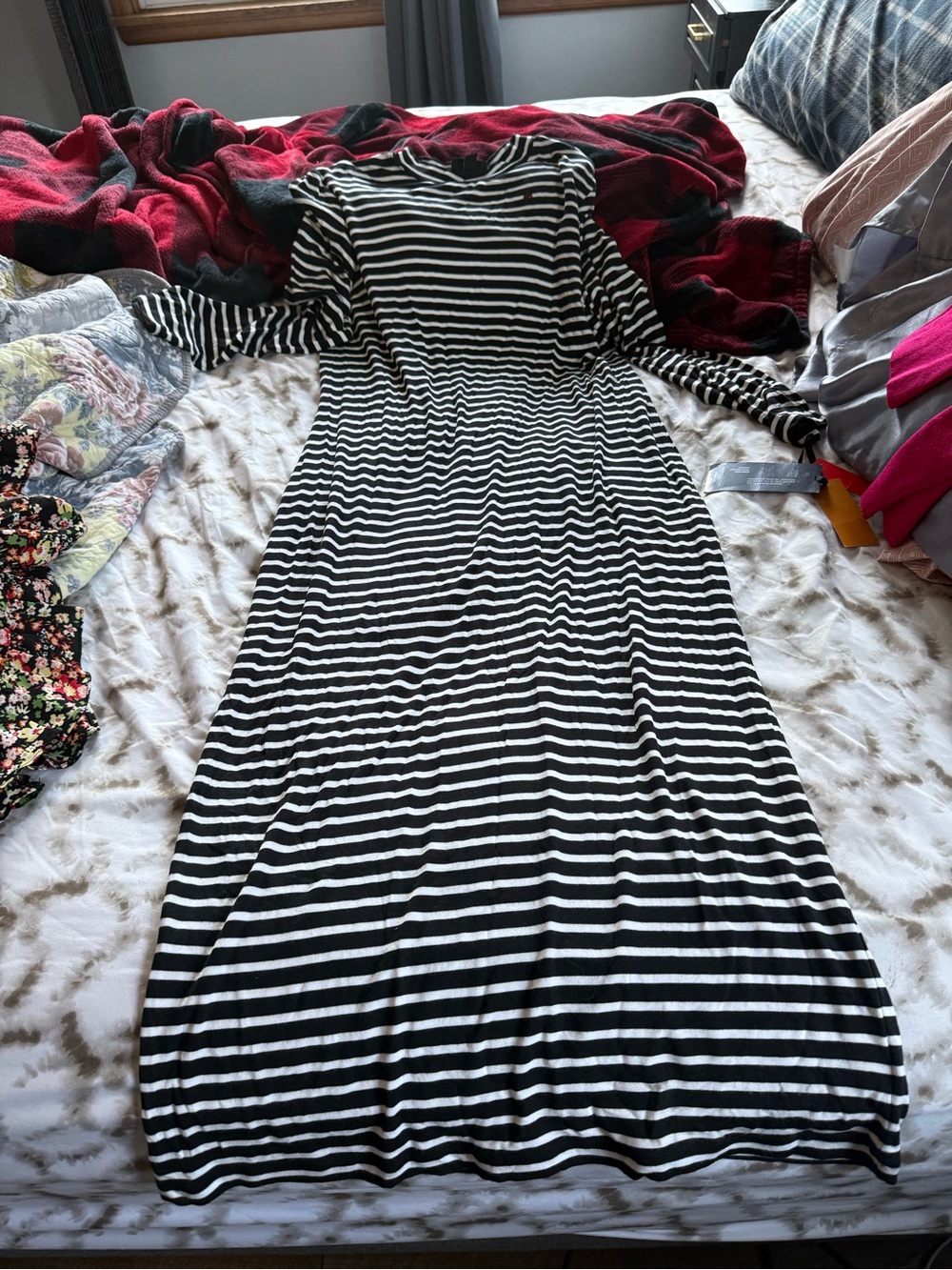 Black and White Striped Maxi Dress with Long Sleeves